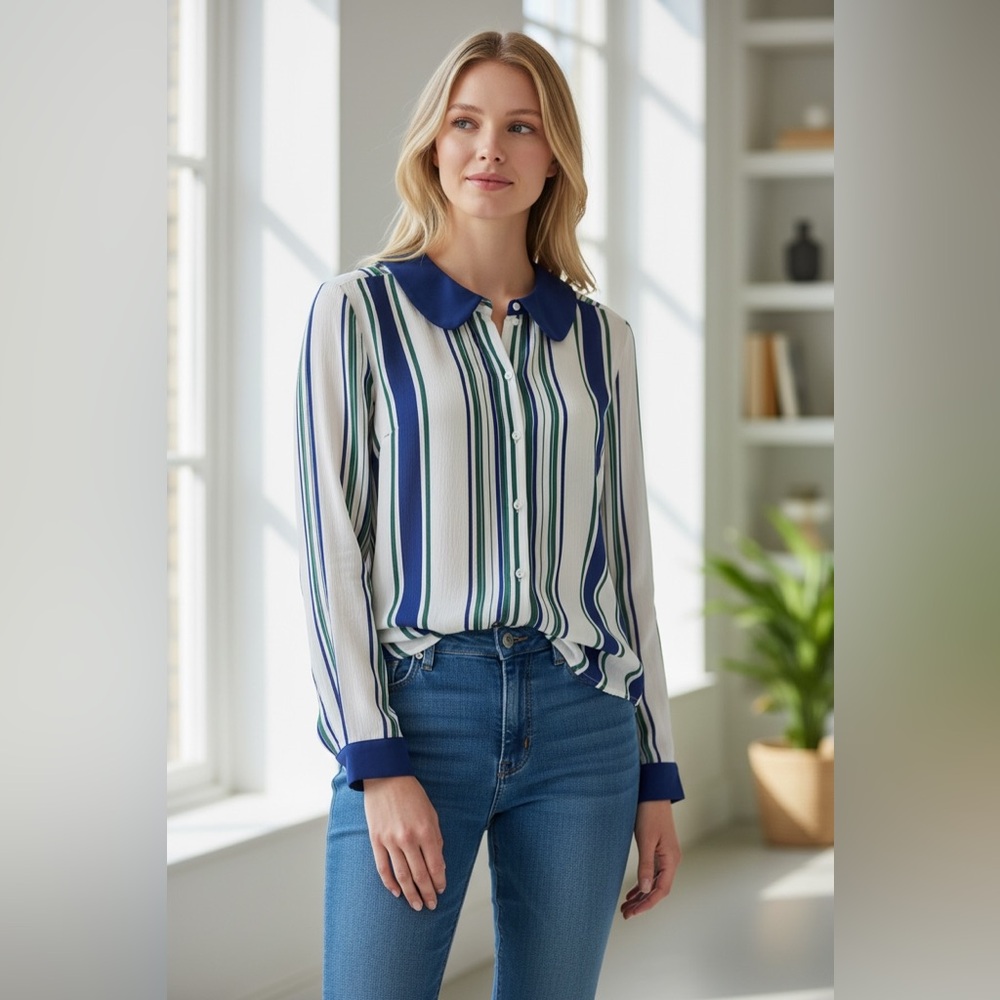Maeve Women’s SZ 12 Green Blue Striped Silky Button Up Blouse Peter Pan Collar